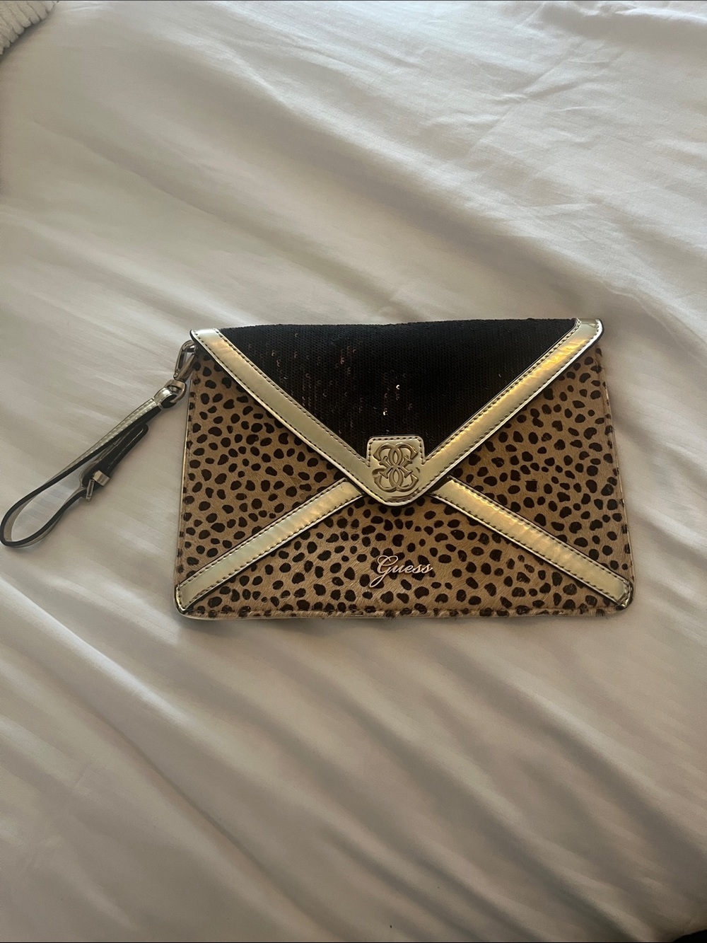 Guess Leopard Print Envelope Wristlet Clutch with Black and Gold Accents